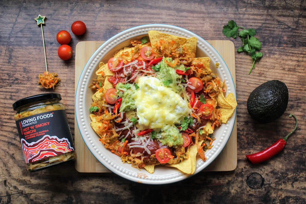 Nachos with Loving Foods Organic Hot 'N' Smoky Kimchi